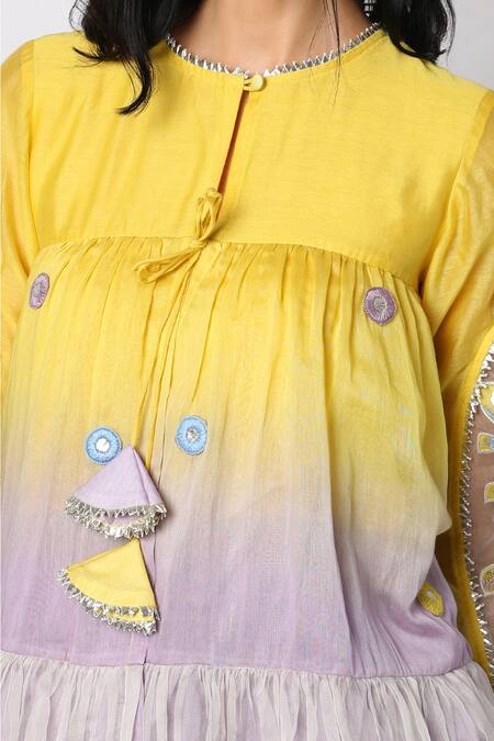 Leela By A_Yellow Organza, Chanderi Floral Round Ombre Kurta And Dhoti Pant Set _Online_at_Aza_Fashions