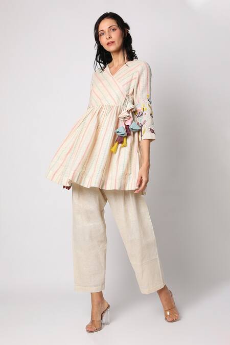 Leela By A White Jute Geometric, Striped V Neck Printed Angrakha And Pant Set Online at Aza Fashions Leela By A_White Jute Geometric, Striped V Neck Printed Angrakha And Pant Set _Online_at_Aza_Fashions