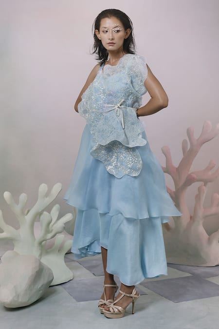 Richa Khemka Blue Bamberg Silk Algae Pearl Encrusted Dress