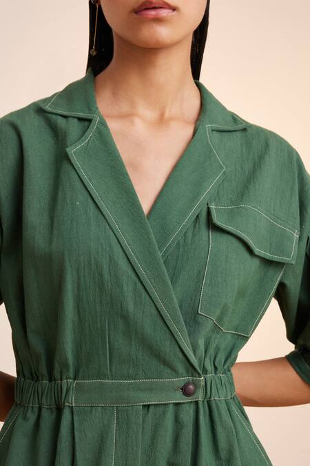 Buy_Cord_Green Cotton Embroidery Collared Top Stitch Jumpsuit_Online_at_Aza_Fashions