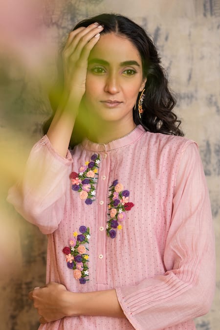 Dhaari Pink Cotton Silk Band Collar Block Print Kurta Online at Aza Fashions Dhaari_Pink Cotton Silk Band Collar Block Print Kurta _Online_at_Aza_Fashions
