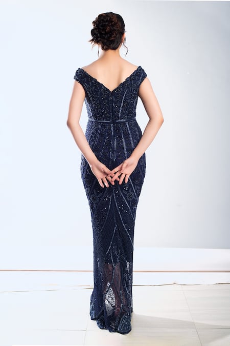 Shop Ambrosia Blue 100% Nylon Mesh Bead Work, Cutdana Work, Embroidered Off Shoulder Gown at Aza Fashions Shop_Ambrosia_Blue 100% Nylon Mesh Bead Work, Cutdana Work, Embroidered Off Shoulder Gown _at_Aza_Fashions
