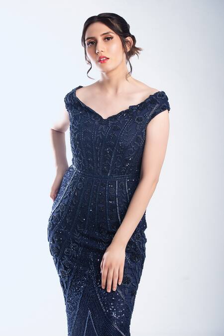 Buy Ambrosia Blue 100% Nylon Mesh Bead Work, Cutdana Work, Embroidered Off Shoulder Gown Online at Aza Fashions Buy_Ambrosia_Blue 100% Nylon Mesh Bead Work, Cutdana Work, Embroidered Off Shoulder Gown _Online_at_Aza_Fashions