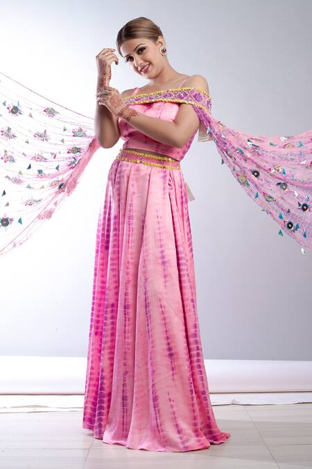 Ambrosia Pink 100% Nylon Mesh Bead Work, Sequin Work, Tie Embroidered Cape Lehenga Set Online at Aza Fashions Ambrosia_Pink 100% Nylon Mesh Bead Work, Sequin Work, Tie Embroidered Cape Lehenga Set _Online_at_Aza_Fashions