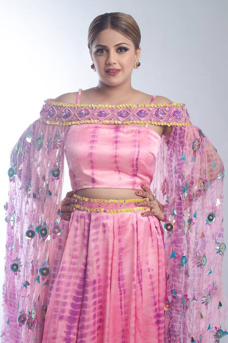 Ambrosia Pink 100% Nylon Mesh Bead Work, Sequin Work, Tie Embroidered Cape Lehenga Set at Aza Fashions Ambrosia_Pink 100% Nylon Mesh Bead Work, Sequin Work, Tie Embroidered Cape Lehenga Set _at_Aza_Fashions