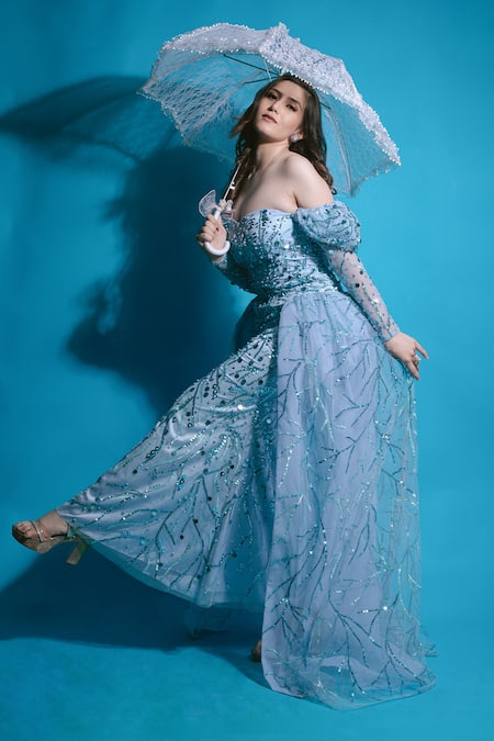 Ambrosia Blue 100% Nylon Mesh Bead Work, Cutdana Work, Off Shoulder Embroidered Gown Online at Aza Fashions Ambrosia_Blue 100% Nylon Mesh Bead Work, Cutdana Work, Off Shoulder Embroidered Gown _Online_at_Aza_Fashions