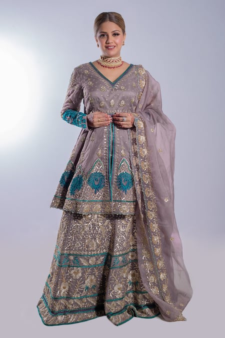 Ambrosia Floral Embroidered Peplum Kurta Lehenga Set 