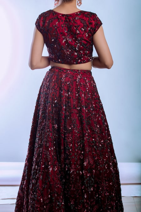Shop Ambrosia Red 100% Nylon Mesh Bead Work, Sequin Work, Embroidered Lehenga And Choli Set at Aza Fashions Shop_Ambrosia_Red 100% Nylon Mesh Bead Work, Sequin Work, Embroidered Lehenga And Choli Set _at_Aza_Fashions