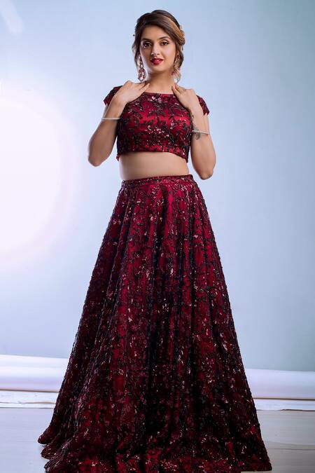 Ambrosia Red 100% Nylon Mesh Bead Work, Sequin Work, Embroidered Lehenga And Choli Set Online at Aza Fashions Ambrosia_Red 100% Nylon Mesh Bead Work, Sequin Work, Embroidered Lehenga And Choli Set _Online_at_Aza_Fashions