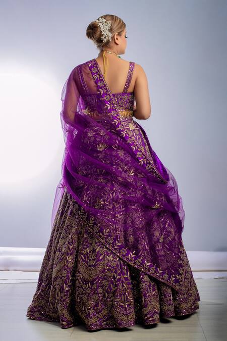 Shop Ambrosia Purple 100% Nylon Mesh Bead Work, Cutdana Floral Embroidered Bridal Lehenga Set at Aza Fashions Shop_Ambrosia_Purple 100% Nylon Mesh Bead Work, Cutdana Floral Embroidered Bridal Lehenga Set _at_Aza_Fashions