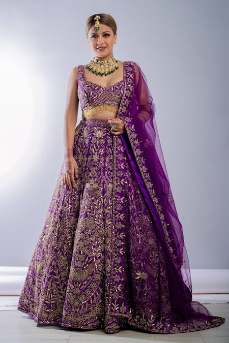 Ambrosia Purple 100% Nylon Mesh Bead Work, Cutdana Floral Embroidered Bridal Lehenga Set Online at Aza Fashions Ambrosia_Purple 100% Nylon Mesh Bead Work, Cutdana Floral Embroidered Bridal Lehenga Set _Online_at_Aza_Fashions