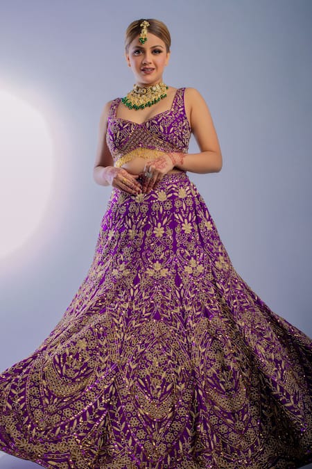 Buy Ambrosia Purple 100% Nylon Mesh Bead Work, Cutdana Floral Embroidered Bridal Lehenga Set Online at Aza Fashions Buy_Ambrosia_Purple 100% Nylon Mesh Bead Work, Cutdana Floral Embroidered Bridal Lehenga Set _Online_at_Aza_Fashions