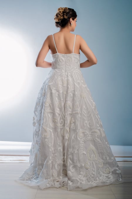 Shop Ambrosia White 100% Nylon Mesh Bead , Thread Square Neck Floral Embroidered Gown at Aza Fashions Shop_Ambrosia_White 100% Nylon Mesh Bead , Thread Square Neck Floral Embroidered Gown _at_Aza_Fashions