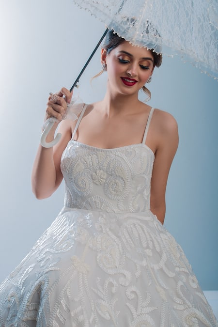 Ambrosia White 100% Nylon Mesh Bead , Thread Square Neck Floral Embroidered Gown Online at Aza Fashions Ambrosia_White 100% Nylon Mesh Bead , Thread Square Neck Floral Embroidered Gown _Online_at_Aza_Fashions