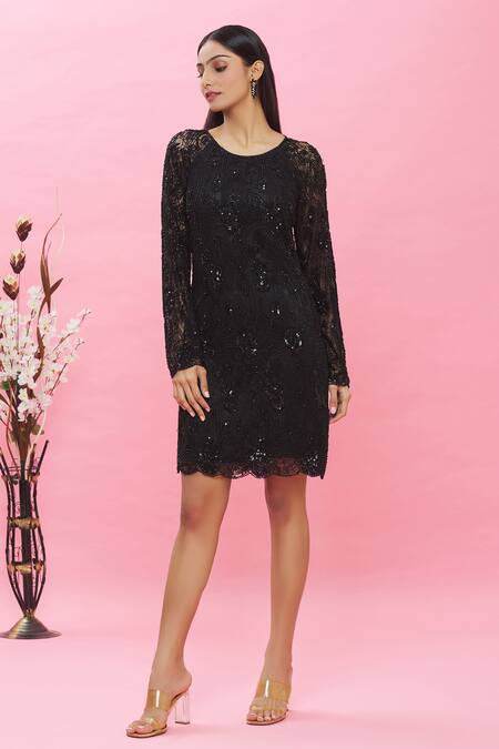 Buy Ambrosia Black 100% Nylon Mesh Sequin, Bead Round Embellished Dress Online at Aza Fashions Buy_Ambrosia_Black 100% Nylon Mesh Sequin, Bead Round Embellished Dress _Online_at_Aza_Fashions