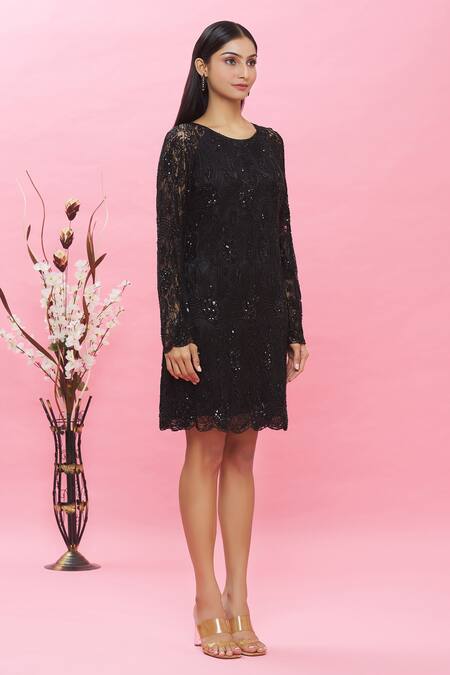 Ambrosia Black 100% Nylon Mesh Sequin, Bead Round Embellished Dress Online at Aza Fashions Ambrosia_Black 100% Nylon Mesh Sequin, Bead Round Embellished Dress _Online_at_Aza_Fashions