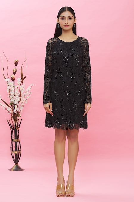 Shop Ambrosia Black 100% Nylon Mesh Sequin, Bead Round Embellished Dress Online at Aza Fashions Shop_Ambrosia_Black 100% Nylon Mesh Sequin, Bead Round Embellished Dress _Online_at_Aza_Fashions