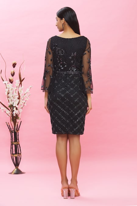 Shop Ambrosia Black 100% Nylon Mesh Geometric, Sequin, Bead Round Embroidered Dress at Aza Fashions Shop_Ambrosia_Black 100% Nylon Mesh Geometric, Sequin, Bead Round Embroidered Dress _at_Aza_Fashions