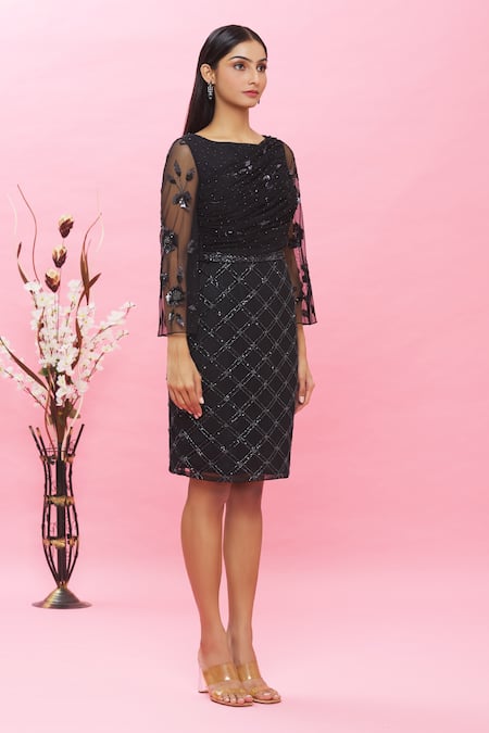 Ambrosia Black 100% Nylon Mesh Geometric, Sequin, Bead Round Embroidered Dress Online at Aza Fashions Ambrosia_Black 100% Nylon Mesh Geometric, Sequin, Bead Round Embroidered Dress _Online_at_Aza_Fashions
