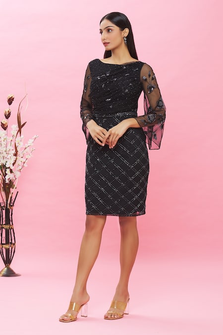 Buy Ambrosia Black 100% Nylon Mesh Geometric, Sequin, Bead Round Embroidered Dress Online at Aza Fashions Buy_Ambrosia_Black 100% Nylon Mesh Geometric, Sequin, Bead Round Embroidered Dress _Online_at_Aza_Fashions