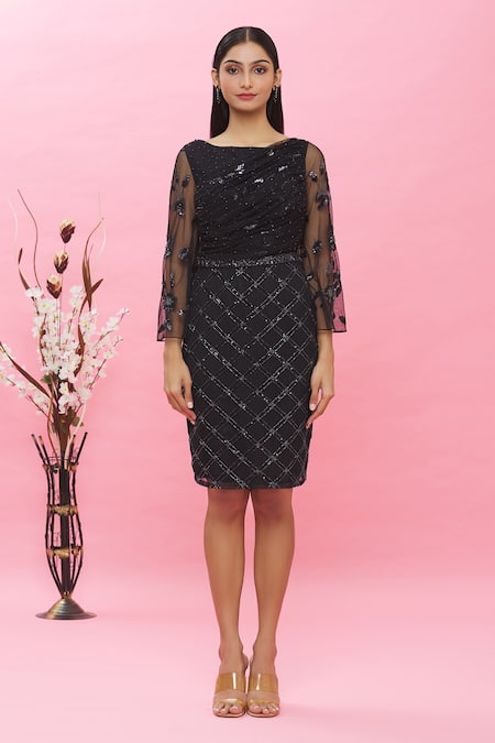 Shop Ambrosia Black 100% Nylon Mesh Geometric, Sequin, Bead Round Embroidered Dress Online at Aza Fashions Shop_Ambrosia_Black 100% Nylon Mesh Geometric, Sequin, Bead Round Embroidered Dress _Online_at_Aza_Fashions