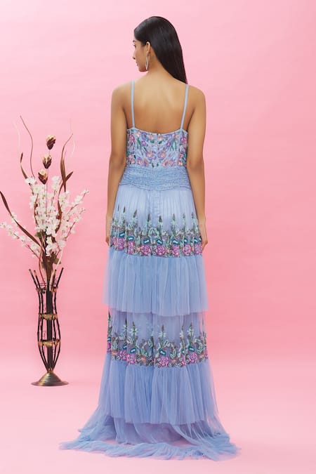 Shop Ambrosia Blue 100% Nylon Mesh Floral V Neck Embroidered Gown at Aza Fashions Shop_Ambrosia_Blue 100% Nylon Mesh Floral V Neck Embroidered Gown _at_Aza_Fashions