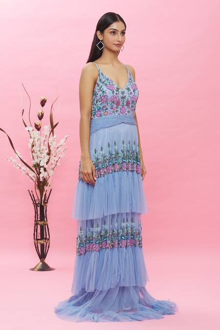 Ambrosia Blue 100% Nylon Mesh Floral V Neck Embroidered Gown Online at Aza Fashions Ambrosia_Blue 100% Nylon Mesh Floral V Neck Embroidered Gown _Online_at_Aza_Fashions