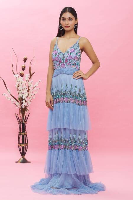 Buy Ambrosia Blue 100% Nylon Mesh Floral V Neck Embroidered Gown Online at Aza Fashions Buy_Ambrosia_Blue 100% Nylon Mesh Floral V Neck Embroidered Gown _Online_at_Aza_Fashions