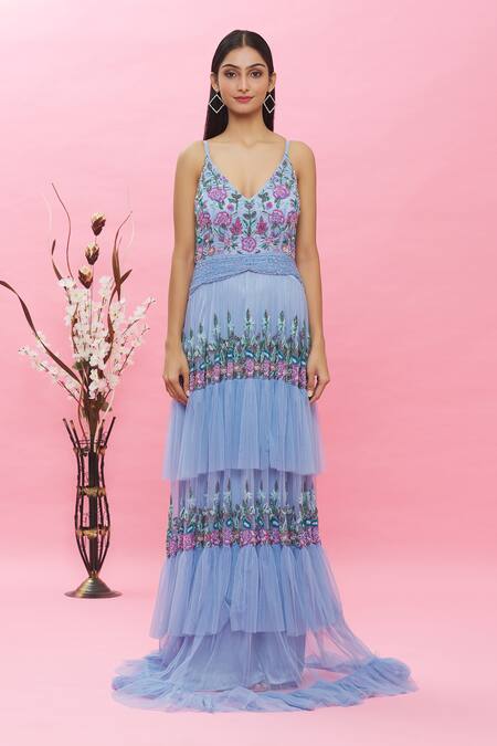Shop Ambrosia Blue 100% Nylon Mesh Floral V Neck Embroidered Gown Online at Aza Fashions Shop_Ambrosia_Blue 100% Nylon Mesh Floral V Neck Embroidered Gown _Online_at_Aza_Fashions