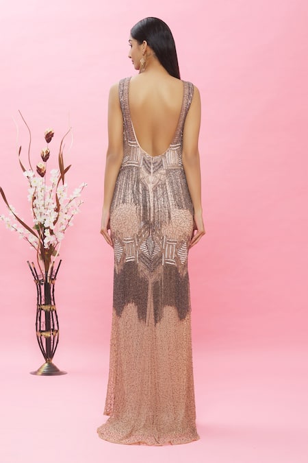 Shop Ambrosia Pink 100% Nylon Mesh Sequin, Tassel V Neck Embellished Gown at Aza Fashions Shop_Ambrosia_Pink 100% Nylon Mesh Sequin, Tassel V Neck Embellished Gown _at_Aza_Fashions