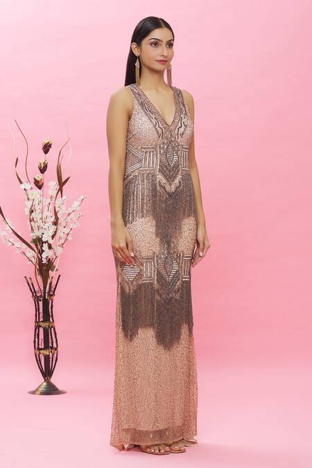 Ambrosia Pink 100% Nylon Mesh Sequin, Tassel V Neck Embellished Gown Online at Aza Fashions Ambrosia_Pink 100% Nylon Mesh Sequin, Tassel V Neck Embellished Gown _Online_at_Aza_Fashions