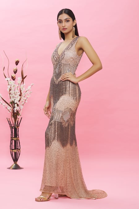 Buy Peach Net Embroidered Sequin Gown For Girls by FAYON KIDS Online at Aza  Fashions.