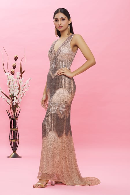 Buy Ambrosia Pink 100% Nylon Mesh Sequin, Tassel V Neck Embellished Gown Online at Aza Fashions Buy_Ambrosia_Pink 100% Nylon Mesh Sequin, Tassel V Neck Embellished Gown _Online_at_Aza_Fashions