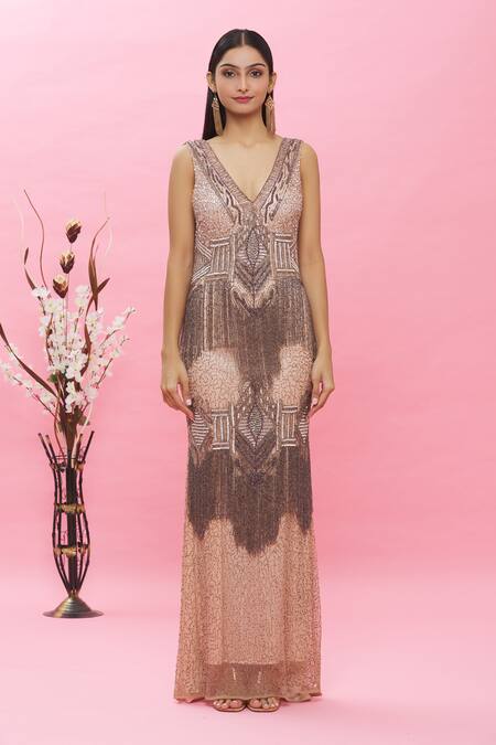 Shop Ambrosia Pink 100% Nylon Mesh Sequin, Tassel V Neck Embellished Gown Online at Aza Fashions Shop_Ambrosia_Pink 100% Nylon Mesh Sequin, Tassel V Neck Embellished Gown _Online_at_Aza_Fashions