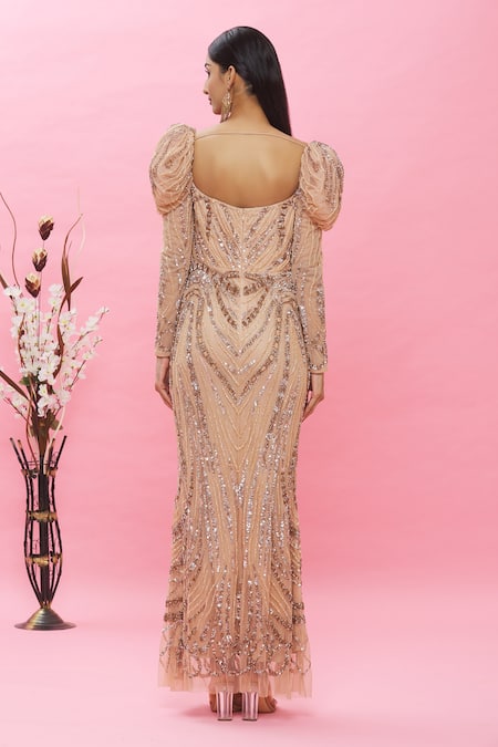 Shop Ambrosia Pink 100% Nylon Mesh Cutdana, Sequin Sweetheart Embellished Puffed Sleeve Gown at Aza Fashions Shop_Ambrosia_Pink 100% Nylon Mesh Cutdana, Sequin Sweetheart Embellished Puffed Sleeve Gown _at_Aza_Fashions