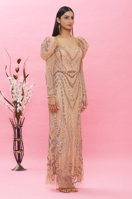 Ambrosia Pink 100% Nylon Mesh Cutdana, Sequin Sweetheart Embellished Puffed Sleeve Gown Online at Aza Fashions Ambrosia_Pink 100% Nylon Mesh Cutdana, Sequin Sweetheart Embellished Puffed Sleeve Gown _Online_at_Aza_Fashions