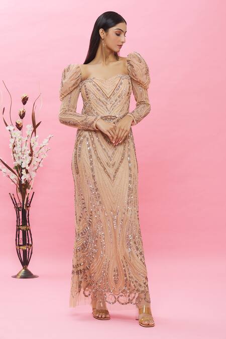 Buy Ambrosia Pink 100% Nylon Mesh Cutdana, Sequin Sweetheart Embellished Puffed Sleeve Gown Online at Aza Fashions Buy_Ambrosia_Pink 100% Nylon Mesh Cutdana, Sequin Sweetheart Embellished Puffed Sleeve Gown _Online_at_Aza_Fashions