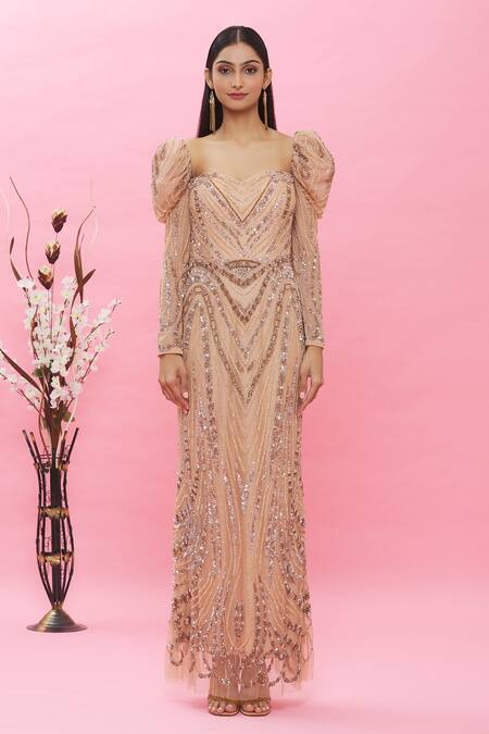 Shop Ambrosia Pink 100% Nylon Mesh Cutdana, Sequin Sweetheart Embellished Puffed Sleeve Gown Online at Aza Fashions Shop_Ambrosia_Pink 100% Nylon Mesh Cutdana, Sequin Sweetheart Embellished Puffed Sleeve Gown _Online_at_Aza_Fashions