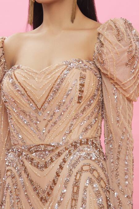 Ambrosia Pink 100% Nylon Mesh Cutdana, Sequin Sweetheart Embellished Puffed Sleeve Gown at Aza Fashions Ambrosia_Pink 100% Nylon Mesh Cutdana, Sequin Sweetheart Embellished Puffed Sleeve Gown _at_Aza_Fashions