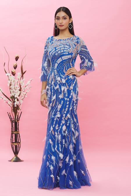 Ambrosia_Blue 100% Nylon Mesh Cutdana, Sequin Boat Neck Embellished Gown _Online_at_Aza_Fashions