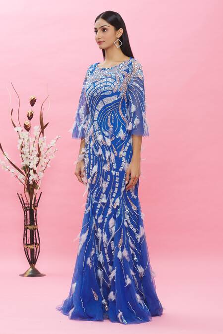 Buy_Ambrosia_Blue 100% Nylon Mesh Cutdana, Sequin Boat Neck Embellished Gown _Online_at_Aza_Fashions