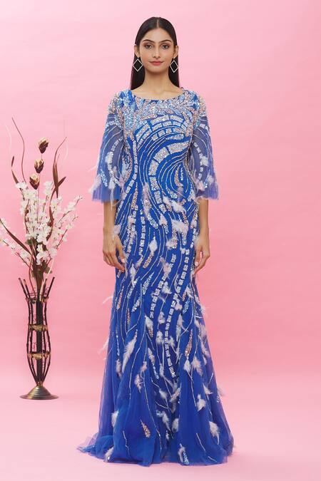 Shop_Ambrosia_Blue 100% Nylon Mesh Cutdana, Sequin Boat Neck Embellished Gown _Online_at_Aza_Fashions