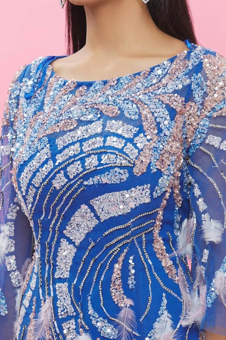 Ambrosia_Blue 100% Nylon Mesh Cutdana, Sequin Boat Neck Embellished Gown _at_Aza_Fashions