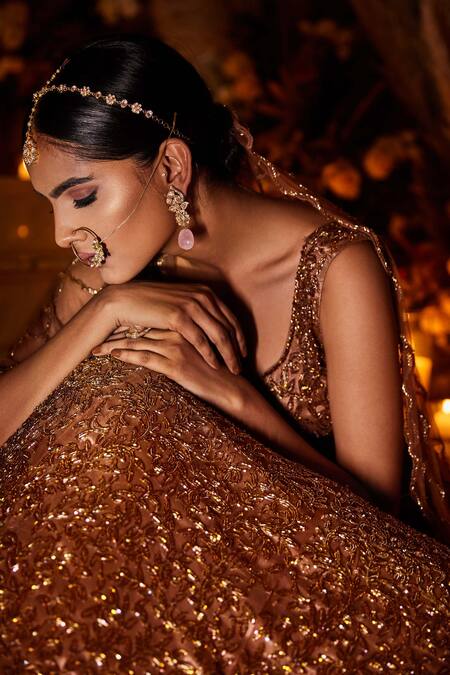 Shop_Surabhichopralabel_Brown Tulle Hand Embroidered Cutdana Work V Neck Bridal Lehenga Set_Online_at_Aza_Fashions