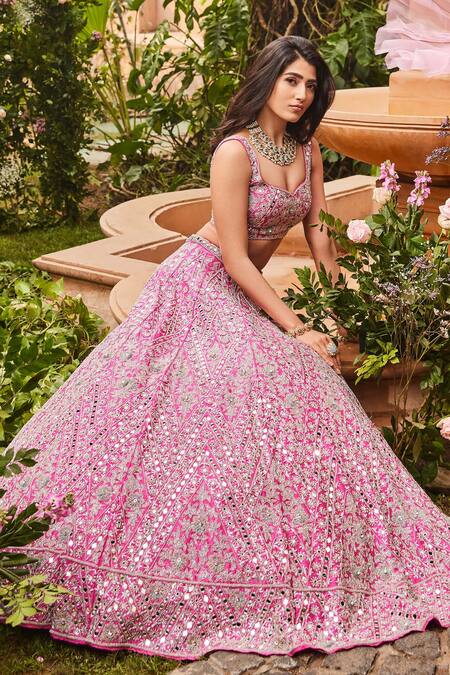 SurabhiChopraLabel_Pink Raw Silk Embroidered Thread Work V Neck Floral Bridal Lehenga Set_Online_at_Aza_Fashions