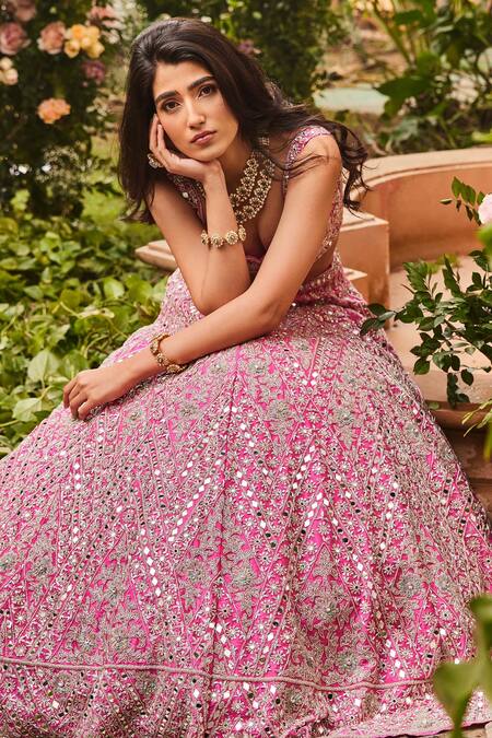 Buy_SurabhiChopraLabel_Pink Raw Silk Embroidered Thread Work V Neck Floral Bridal Lehenga Set_Online_at_Aza_Fashions