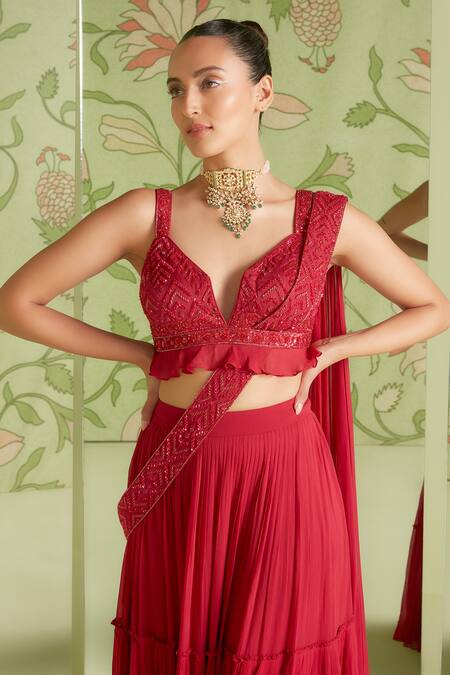 Buy_Sanjev Marwaaha_Red Georgette Cutdana Work, Sequins Tiered Pre-draped Lehenga Saree With Blouse_Online_at_Aza_Fashions