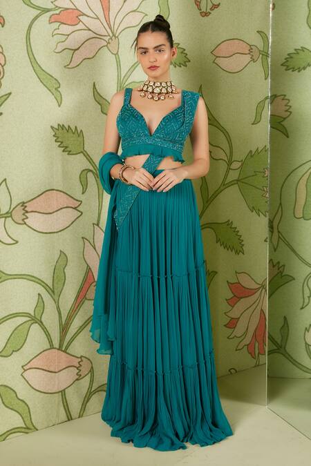 Sanjev Marwaaha_Green Georgette Cutdana Work, Tiered Pre-draped Lehenga Saree With Blouse_Online_at_Aza_Fashions