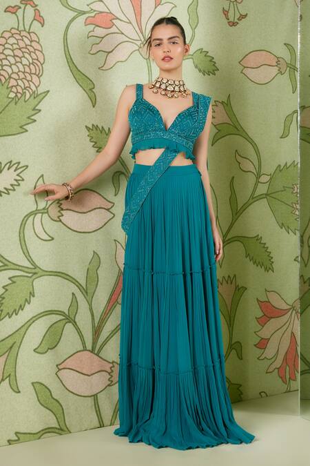 Buy_Sanjev Marwaaha_Green Georgette Cutdana Work, Tiered Pre-draped Lehenga Saree With Blouse_Online_at_Aza_Fashions