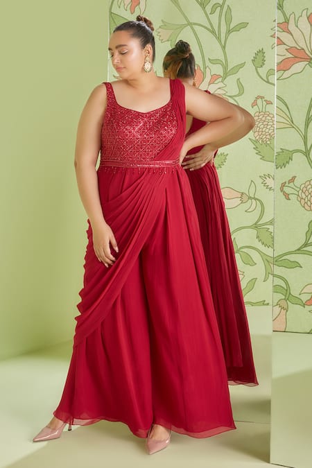 Sanjev Marwaaha Embroidered Pre-Draped Jumpsuit Saree 